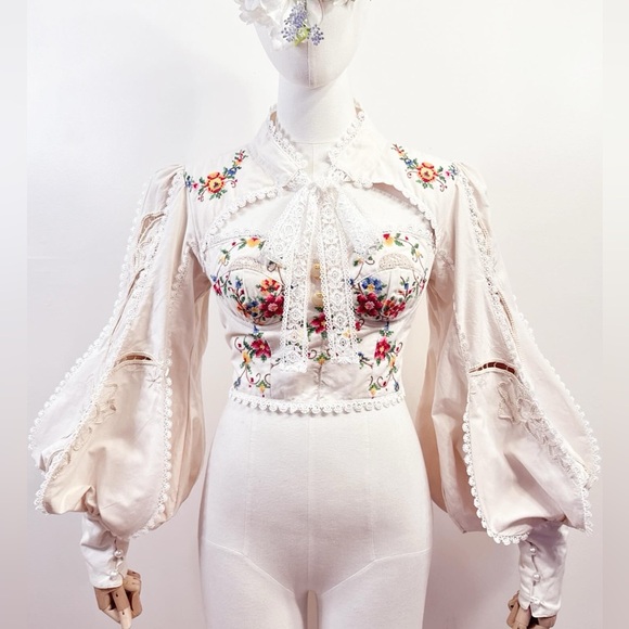 Tops - Embroidered Ivory Lace Tie-Neck Blouse